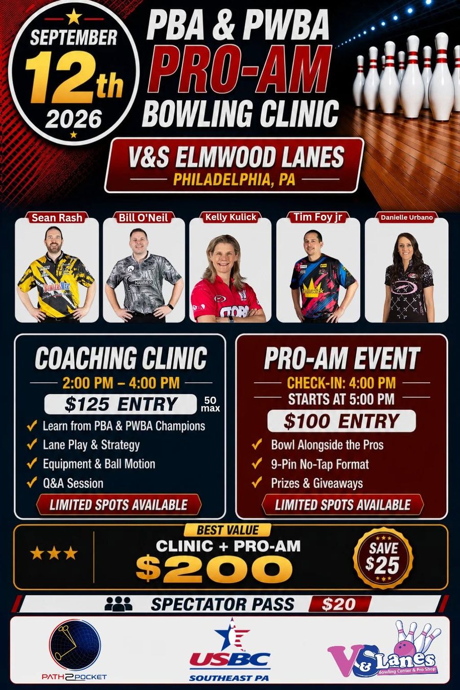 Flyer: PBA and PWBA Pro-Am Bowling Clinic, September 12, 2026, V&S Elmwood Lanes